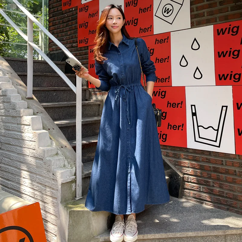 Retro Elegant South Korea Long Sleeve Long Skirts Loose Lace-up Lyocell Shirt Dress