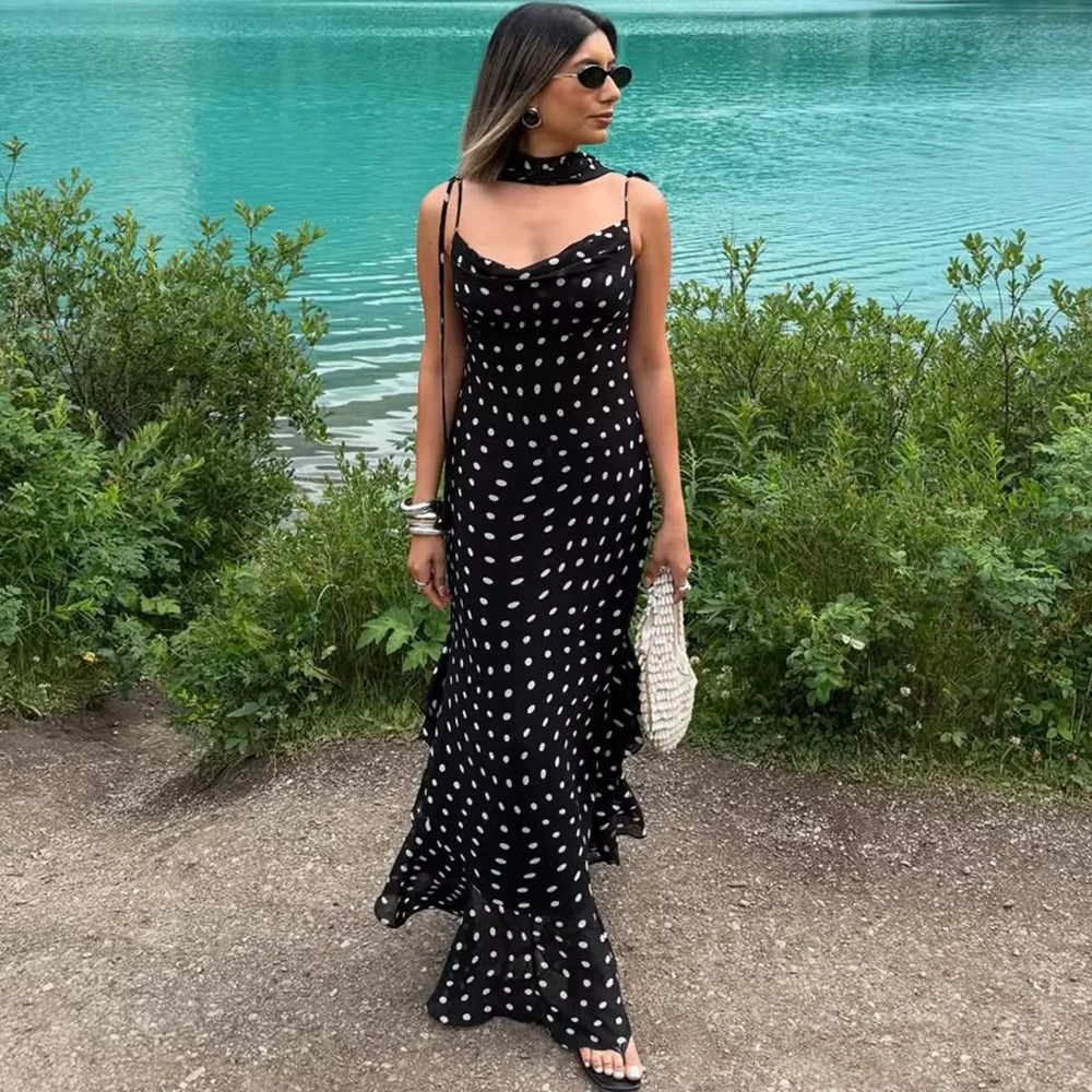 Elegantes Polka-Dot-Kleid mit Spaghettiträgern, langes Damenkleid, Sommerkleid mit Schalband, Rüschen, plissiert, luxuriöses ärmelloses Abendkleid