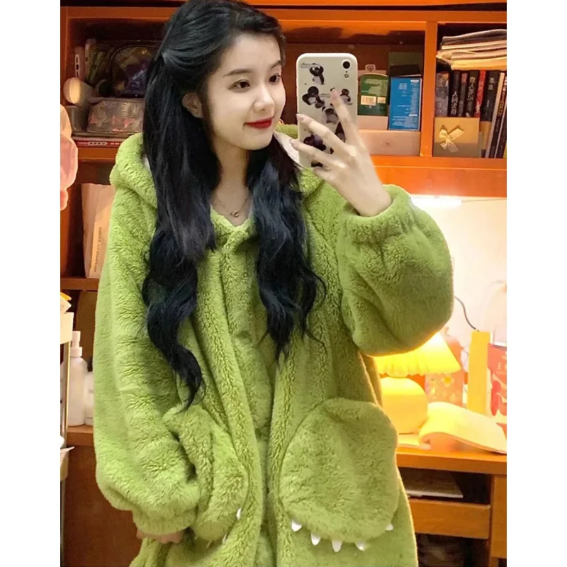 Women Winter Warm Fleece Nightgown Green Lovely Plush Robes Flannel Sleepwear Cute Kawaii Cartoon Pajama Set Homewear Nightwear