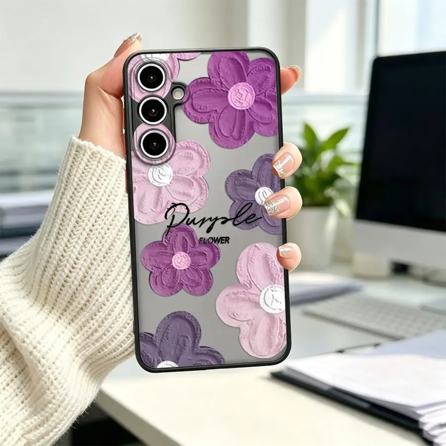 Case for Samsung Galaxy A53 A35 A16 A15 A52S A72 A54 A23 A17 A52 A73 A33 A34 A36 A56 A55 Phone Cover Purple Texture Flower