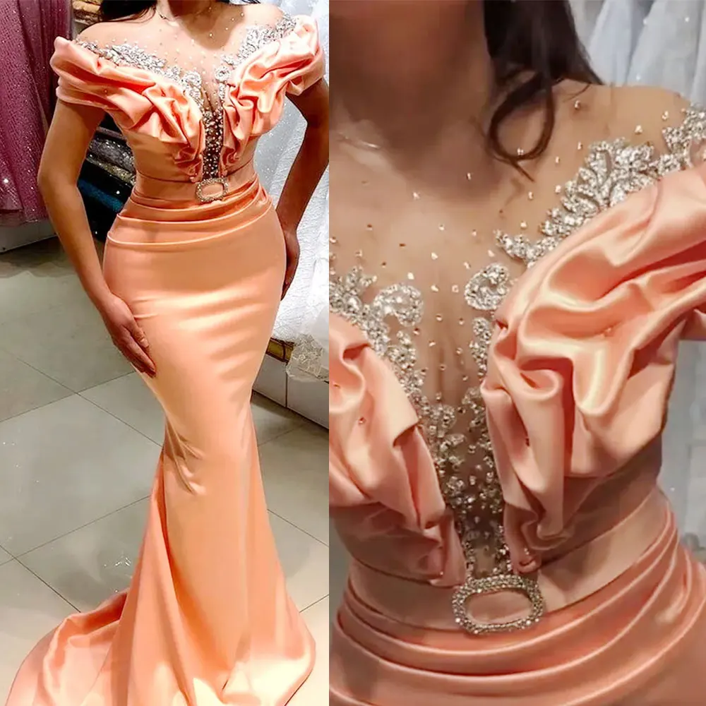 Vestidos de Noche de cuello transparente árabe para mujer, vestidos de graduación de sirena de satén con cuentas de cristales, vestidos de fiesta formales de segunda recepción para novias