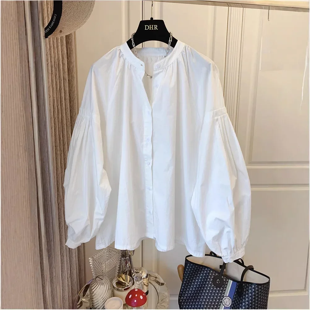 

Korean Chic Stand Collar Lantern Sleeve Shirt Casual Loose Design Lazy Shirt Folded Women's Button up Cotton Blend Shirt