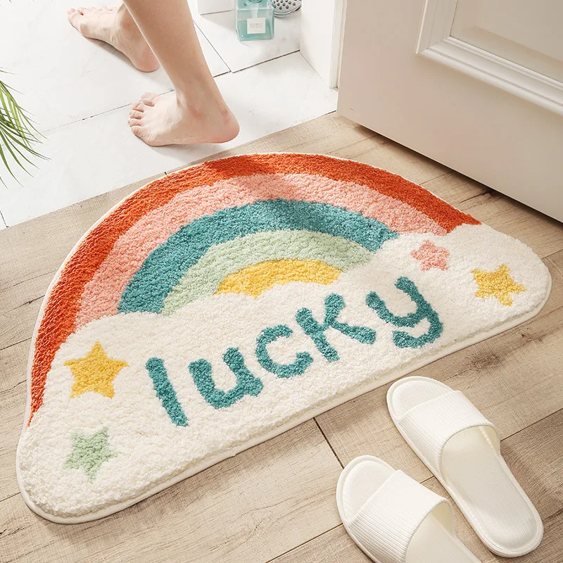 45*75cm Bath Mat Modern Semicircle Flocking Lucky Rainbow Bathroom Rug Waterproof Bathtub anti-slip Carpet Entrance Foot Mat