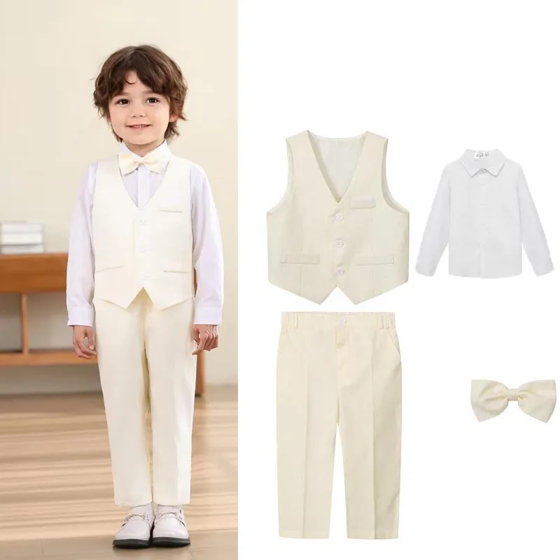 80-150 Kinder Sommer Beige Weste Hemd Hose Fliege Fotografie-Anzug Jungen Hochzeitskleidung Kinder Zeremonie Cosplay UNIFORM Kostüm