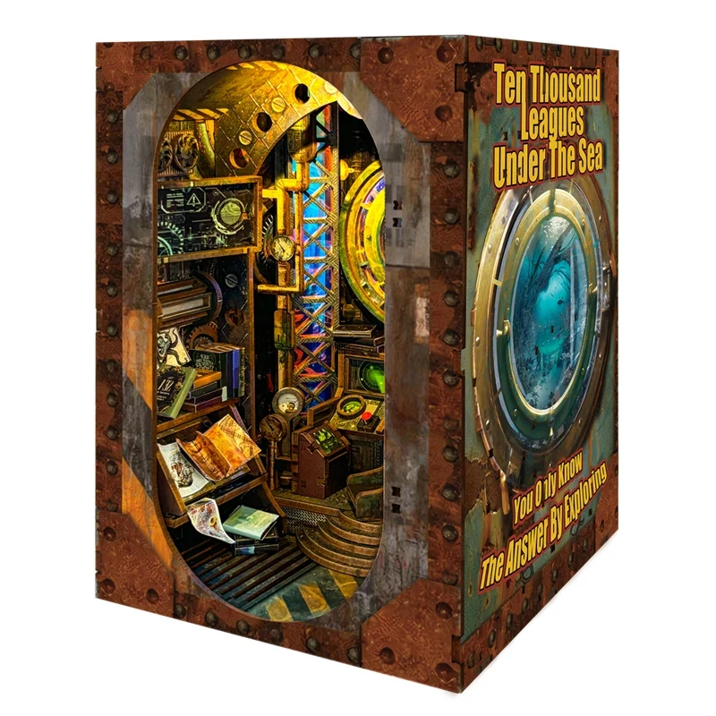 

OUZEY Ten Thousand Leagues Under the Sea Wooden Book Nook Shelf Insert Miniature Model Kits with Light for Friends Gifts