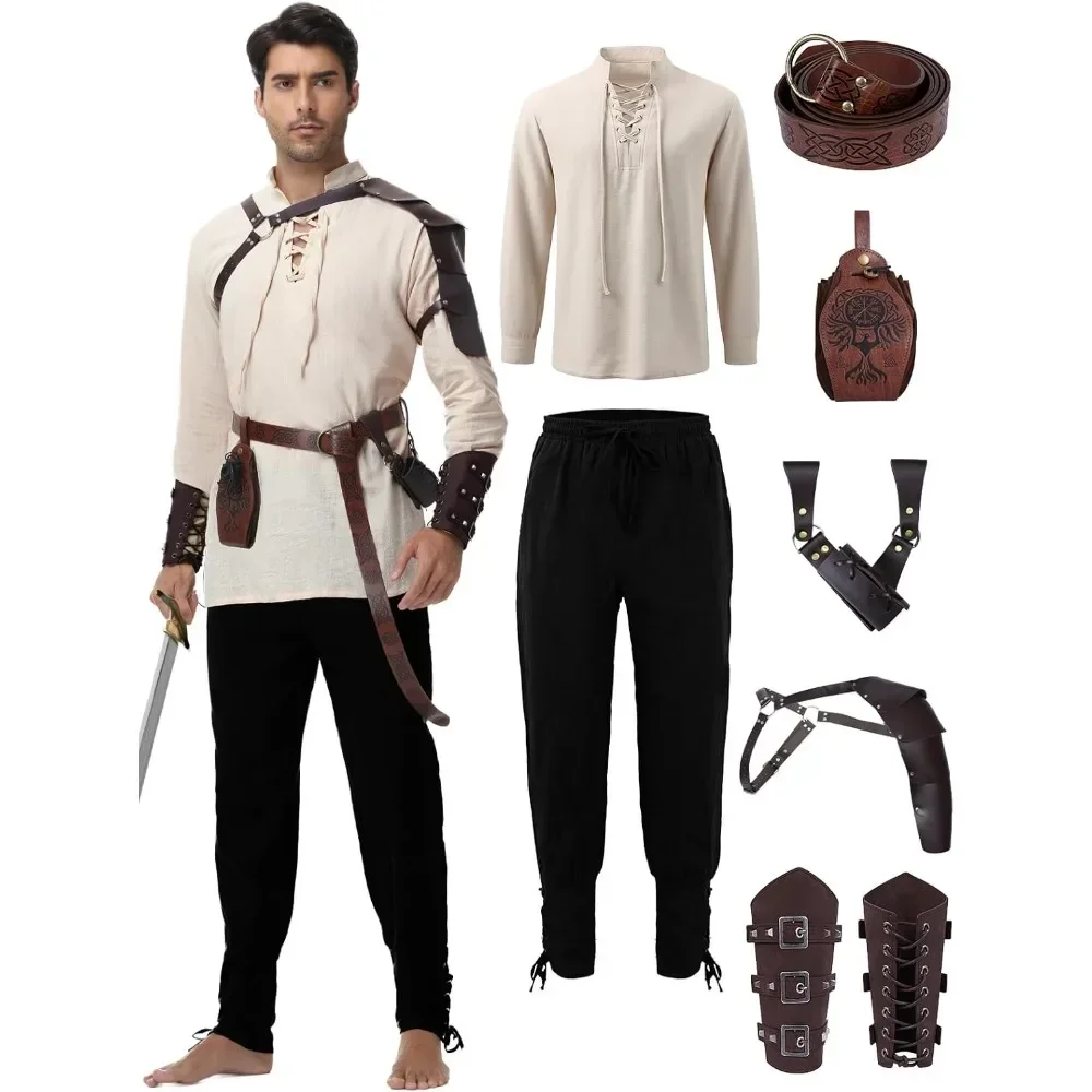 Renaissance Mittelalter-Kostüm für Herren - 8-teiliges Piraten-Outfit-Set, Halloween-Kostüm mit Wikinger-Gürtel