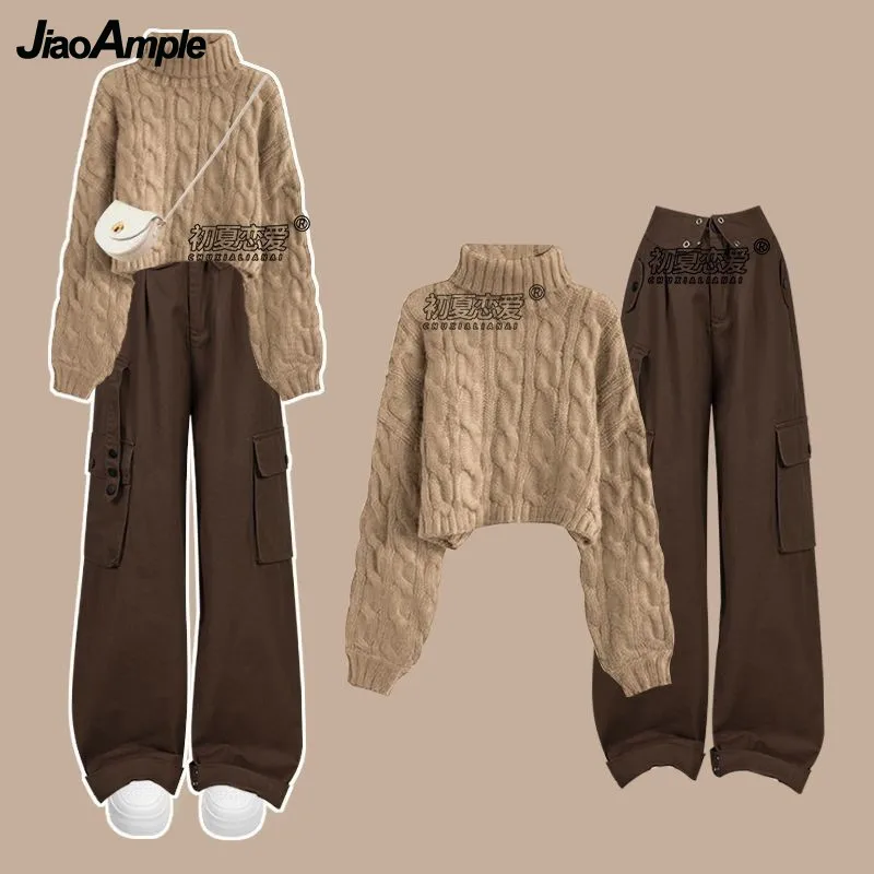 

Women Autumn/Winter New Chic Half High Collar Knit Sweater +Cargo Pants 2-Piece Suit Korean Elegant Cardigan+Pants Matching Set