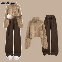 Women Autumn/Winter New Chic Half High Collar Knit Sweater +Cargo Pants 2-Piece Suit Korean Elegant Cardigan+Pants Matching Set