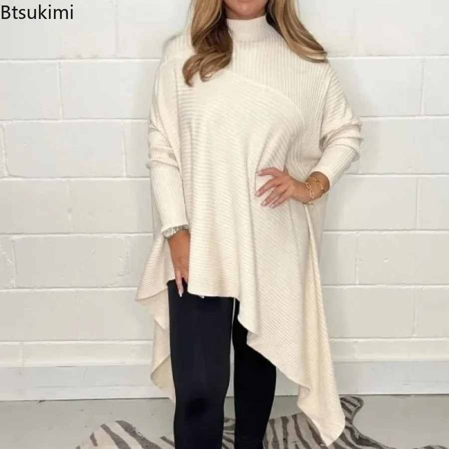 2026 Women's Turtleneck Irregular Screw Thread Hem Sweaters Autumn Winter Long Sleeve Solid Color Pullover Tops Female Sweaters