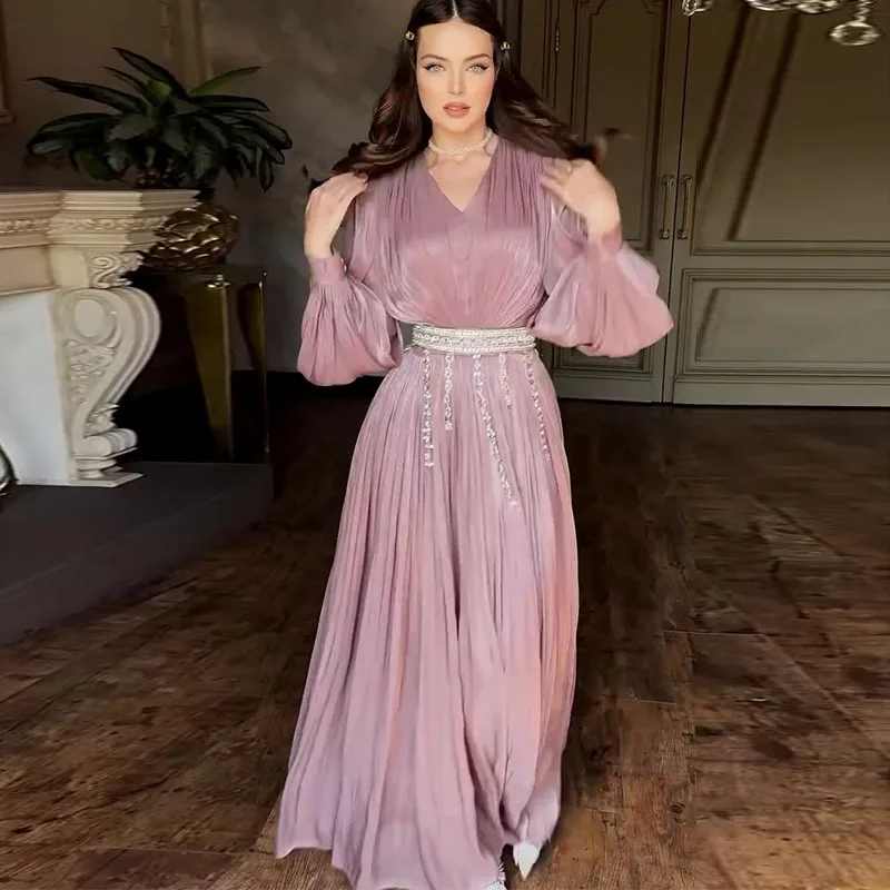 Vestido E de Manga Longa com Decote em V e Cintura Alta para Mulheres, Vestido Sexy e Faion com Saia em Camadas de C...