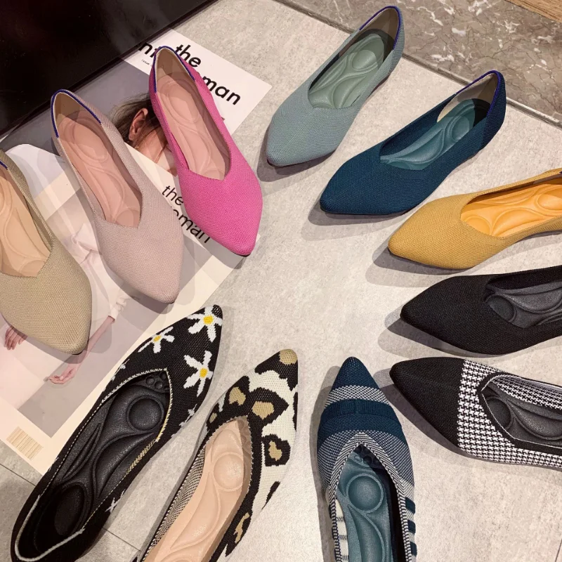 Nieuwe Vrouw Loafers Dames Flats Breien Puntige Schoenen Vrouwen Schoenen Balletschoenen Gemengde Kleur Schoenen Zapatos De Mujer Grote Maat