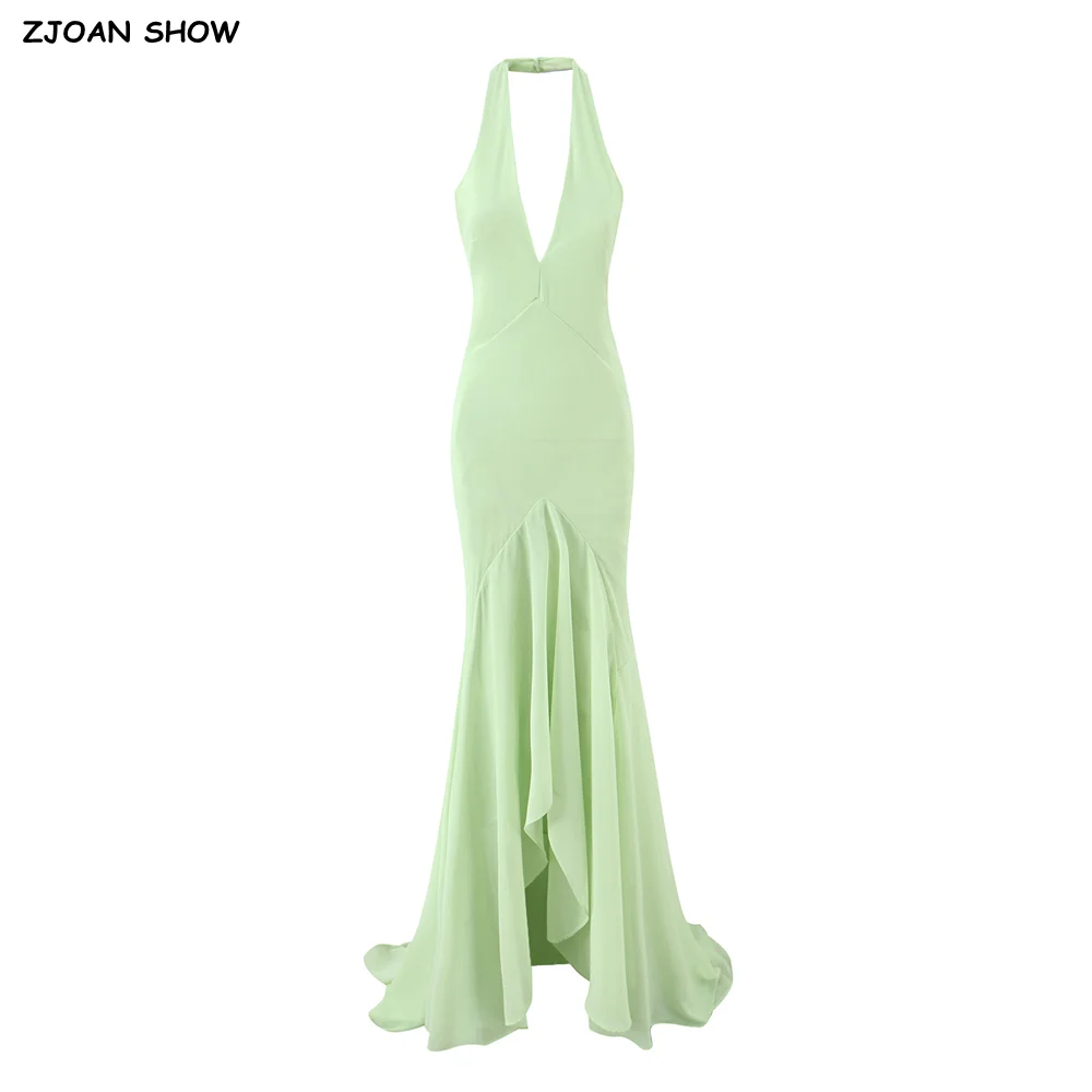 

2025 Sexy Light Green Halter V Collar Sling Chiffon Dress Women Ruffles Hem Dovetail Backless Dresses Autumn Party Robe