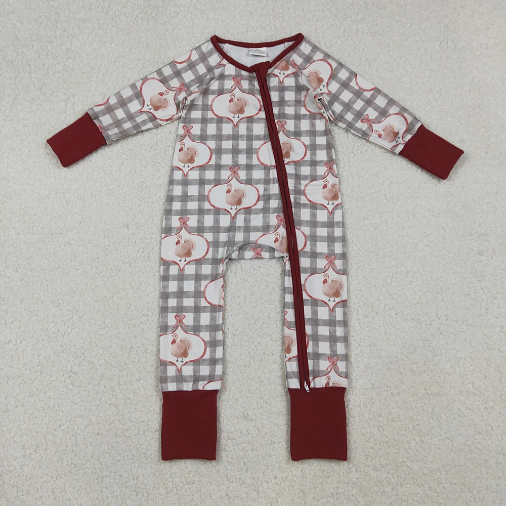 

Baby Girls Thanksgiving Zipper Romper Plaid Footie Turkey Bow Checked Comfortable Cotton Holiday Outfit for Infants