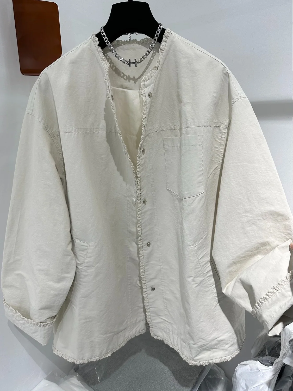 

Faionable Large Size Lace Trim Pure Color Loose Fit Jaet Spring Autumn New Design Women's Coat Sli Cardigan Top