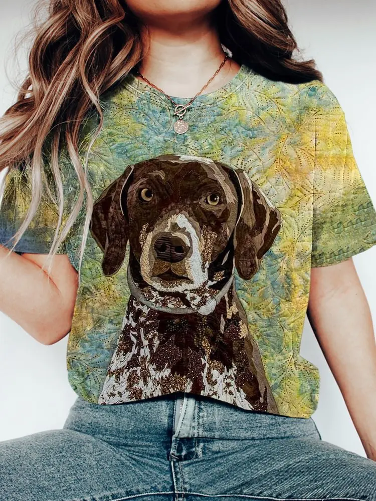 New Style Design Summer Girl's Casual O neck Short Sleeved Breathable T Shirt Cute Liittle Spotted Dog Print