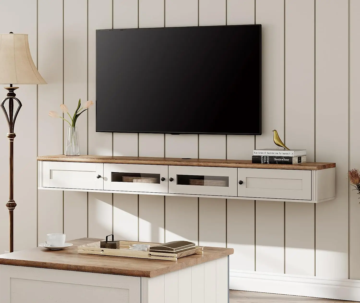 Wooden Floating TV Stand with Storage Cabinet for TVs to 80 Inch, Wall Mounted Entertainment Center for Living Room, Customized