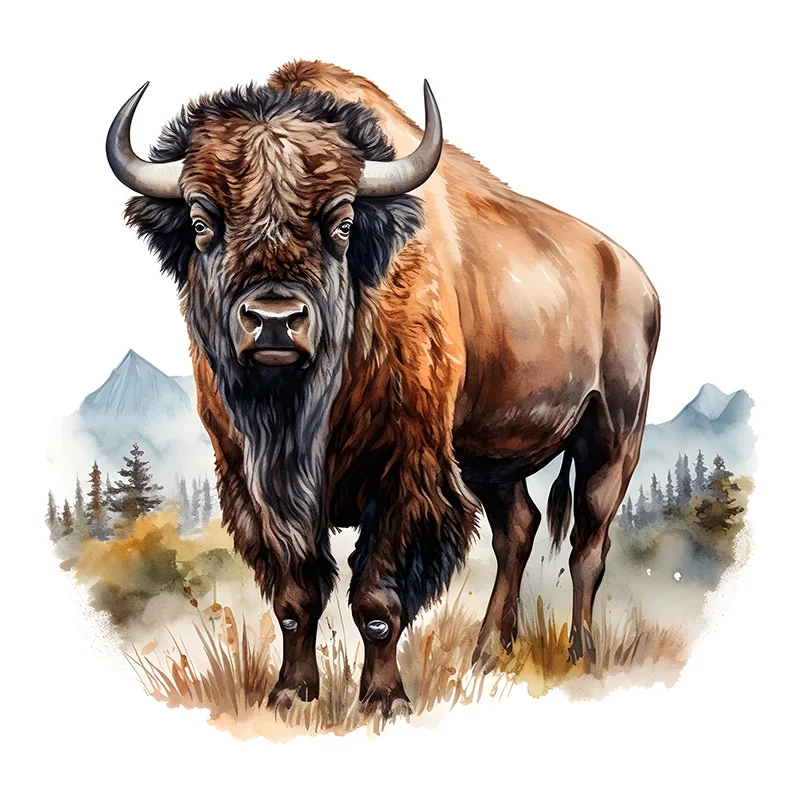 Bison Watercolor Sticker, Water-proof Wall Decal, Used for Wall, Bathroom, Cabinet, Door,Toilet Lid, Car, Laptop QT20