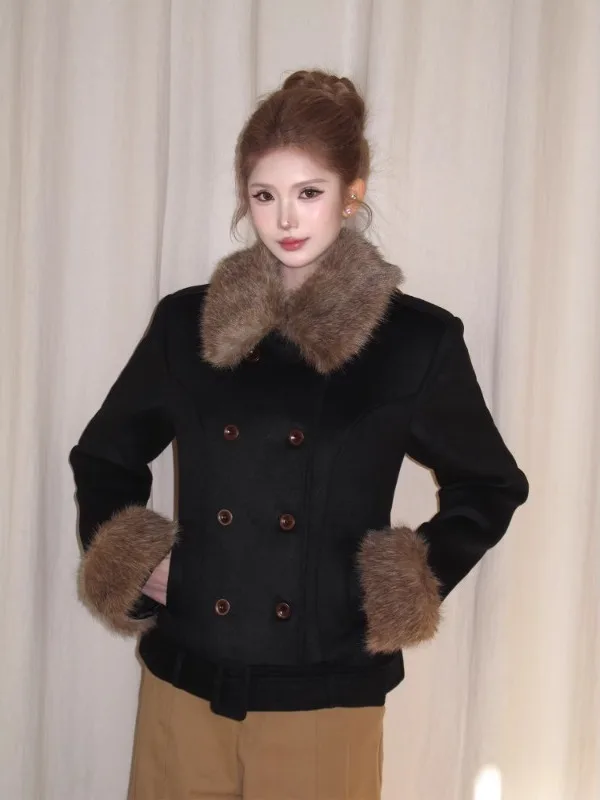 

Винтажное шерстяное пальто с двубортной застежкой, съемным меховым воротником и утяжкой на талии, с длинными рукавами, для повседневной носки, женское.