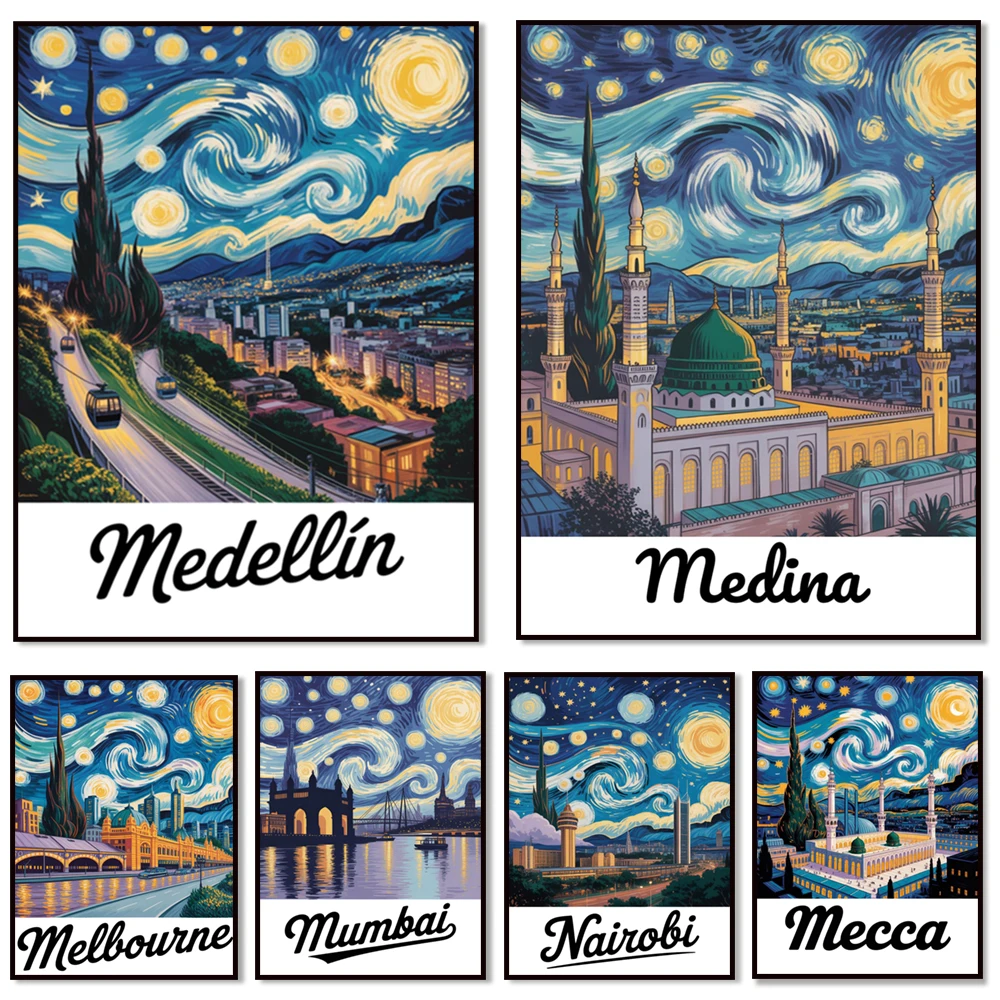New York, Nairobi, Miami, Moscow, Medellin, Melbourne, Marrakech, Manila, Madrid Van Gogh style starry night scenery posters