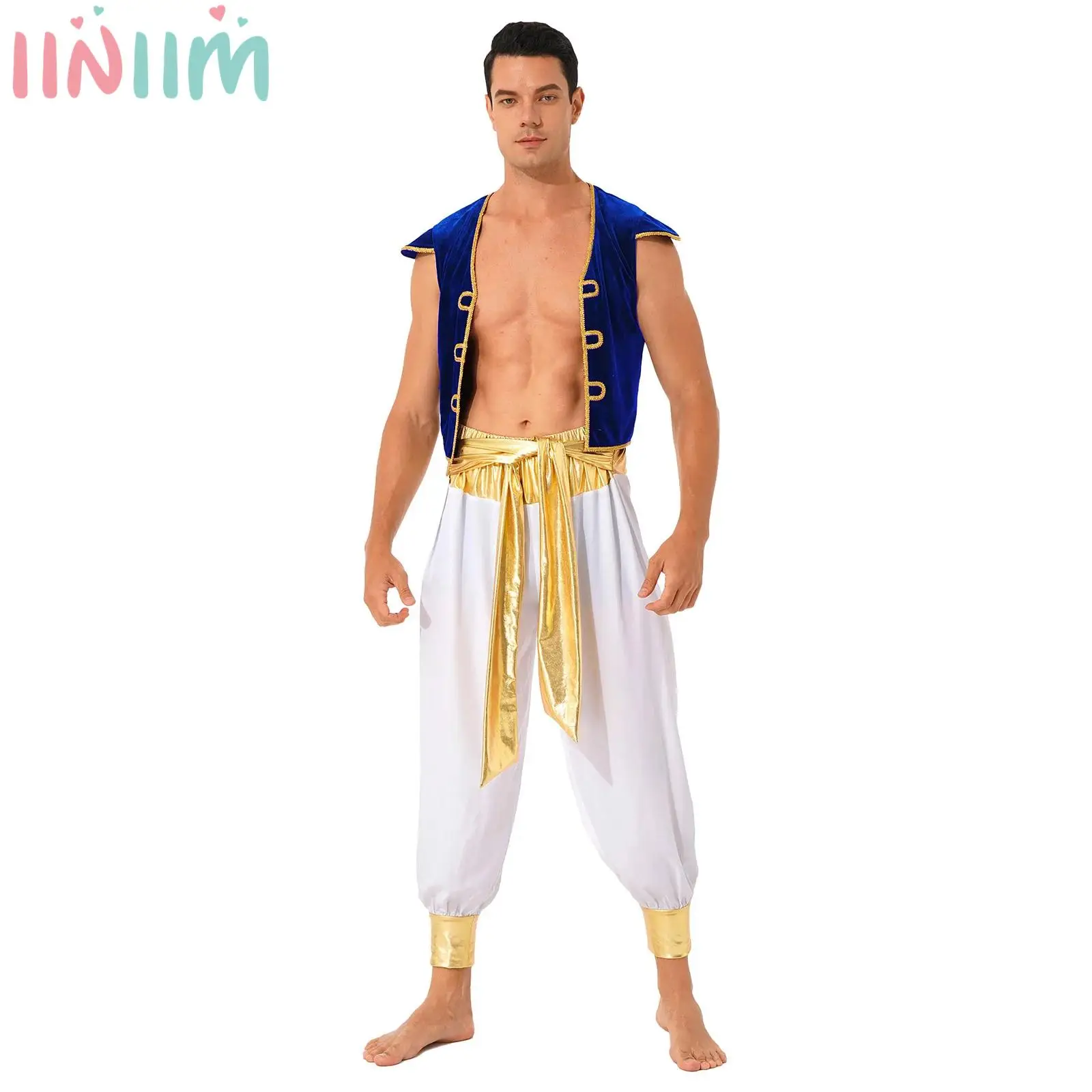 

Mens Arabian Prince Role Play Costume Halloween Fancy Dress Ball Outfit Arab Vest Waistcoat with Belted Bloomers Harem Pants Set