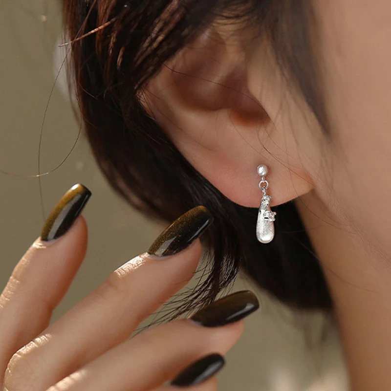 Charm Female Matte Water Droplet Earrings Simple Brushed Round Bead 925 Silver Earrings Fashion Inlay Zircon Ear Jewelry KOFSAC