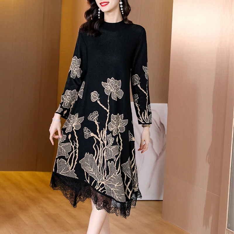 

2023 Autumn/Winter New Knitted Sweater Women's Dress O-Neck Sticking Diamond Lace Splice Jacquard Knitted Knee Length Dress