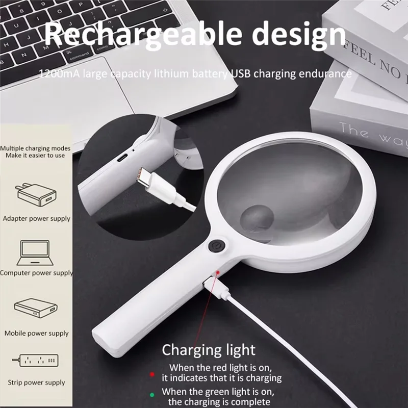 

Popular Handheld Magnifier 3 Lighting Modes Rechargeable Illuminated Magnifying Glass Portable Magnifier For Reading Repair