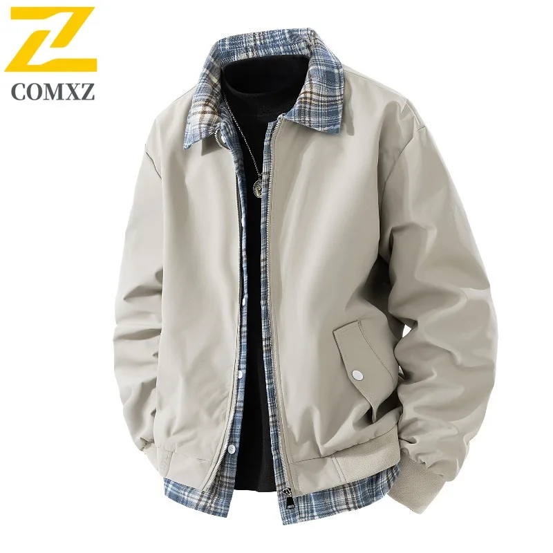 

COMXZ Mens Jacket Premium Fake Two Piece Coat American Style Fashion Outerwear Plaid Shirt Collar Windproof Spring Autumn Wear