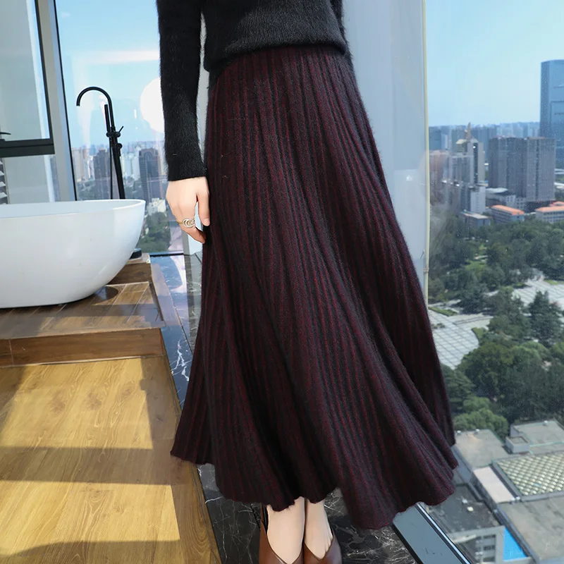 New Wool Knitted Skirt Autumn and Winter Ladies' Senior Sense Long Covered High Waist A Mink Cashmere Skirt