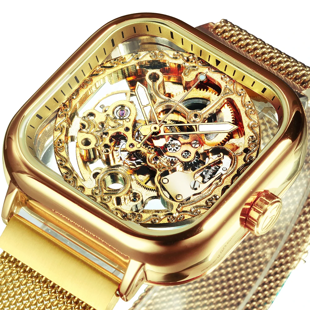 Forsining Luxury Square Skeleton Automatic Men Watch Retro Carved Movement Luminous Mesh Stainless Steel Band Mechanical Watches
