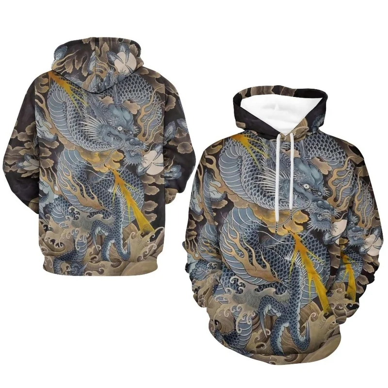 ثلاثية الأبعاد مطبوعة كول الوشم هوديي للرجال التنين الصيني نمط البلوز الخريف بلايز عادية فضفاض البلوفرات طويلة الأكمام هوديس