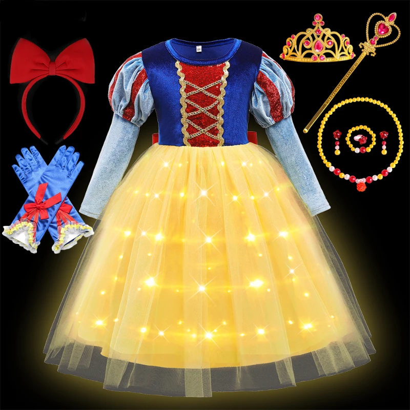 Cosplay Snow White Girl Costume LED Light Dress Kids Deluxe Gown Child Classical Princess Dress up Costume Halloween Outfits new