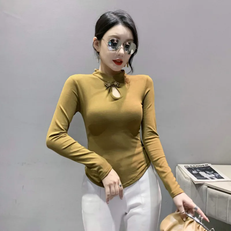 #8492 Spring Autumn Vintage T Shirt Stand Collar Buttons Hollow Out Short Skinny T-Shirt Female Long Sleeve Asymmetrical Tshirt