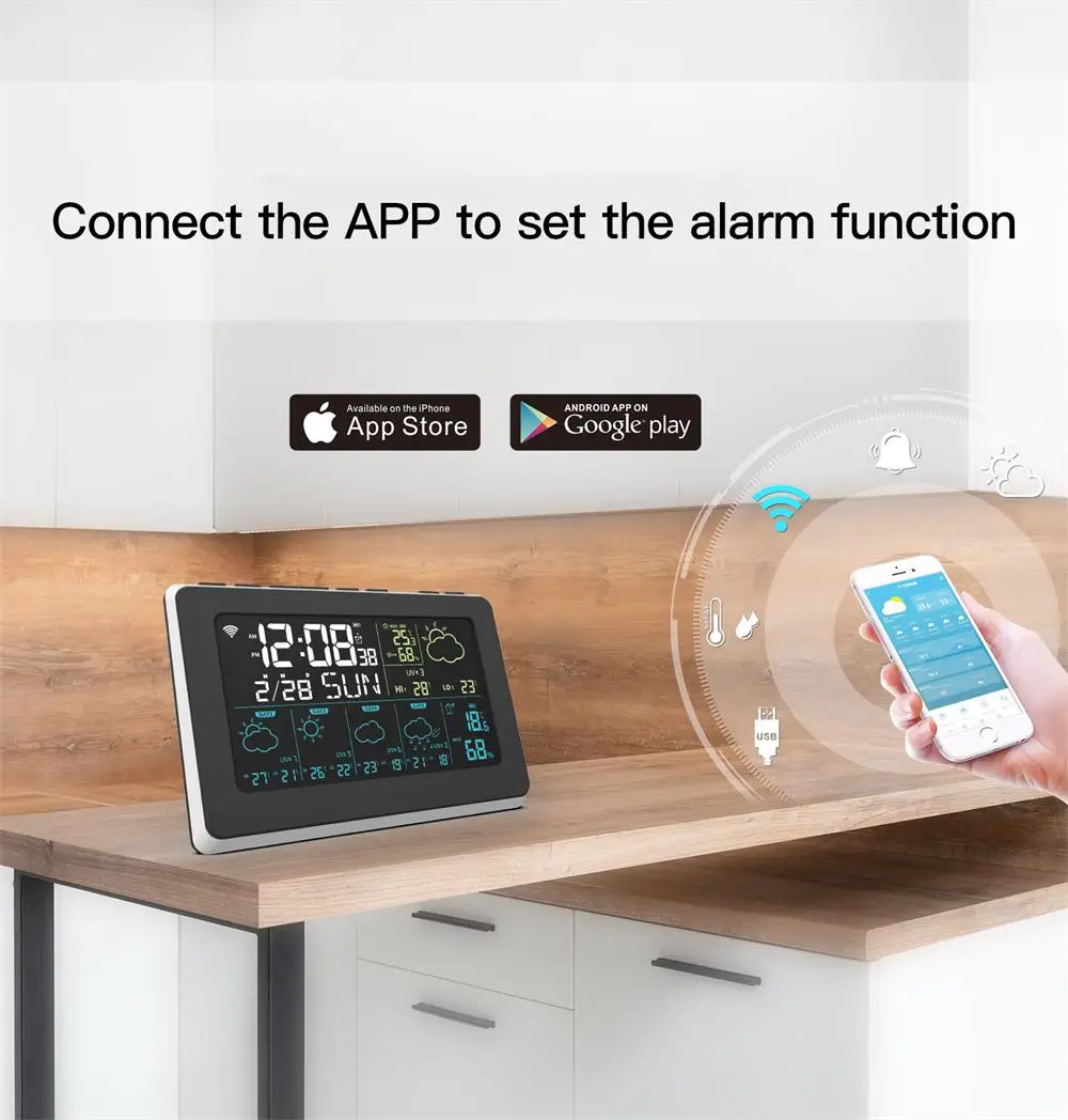 Tuya-Estación Meteorológica Wifi para el hogar, termómetro Digital grande LCD para interiores y exteriores, despertador para dormir