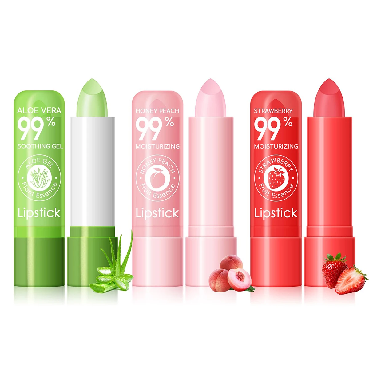 3 Pack Color Changing Lip Balm, Aloe Vera, Peach and Strawberry Lipstick, Deep Hydrating Tinted Lip Balm Dry Cracked Lips Care