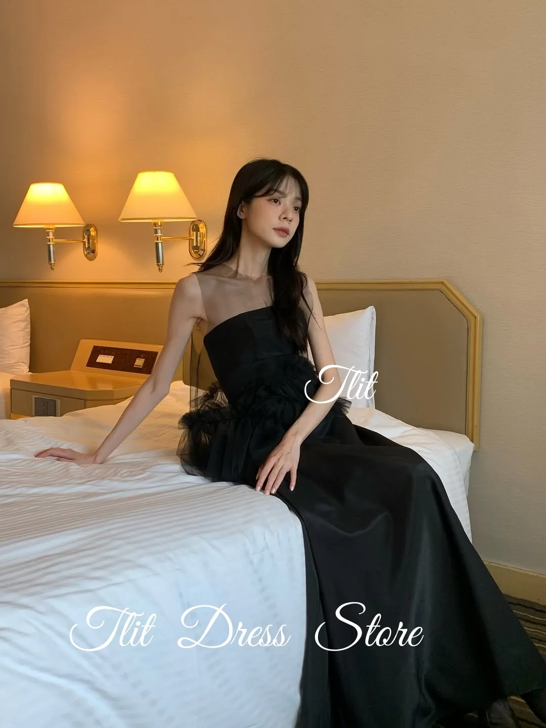 TLIT أنيق أسود الحرير الساتان ألف خط فستان الزفاف مخصص س الرقبة الأسود تول فستان زفاف كوريا فستان الزفاف صور تبادل لاطلاق النار #5