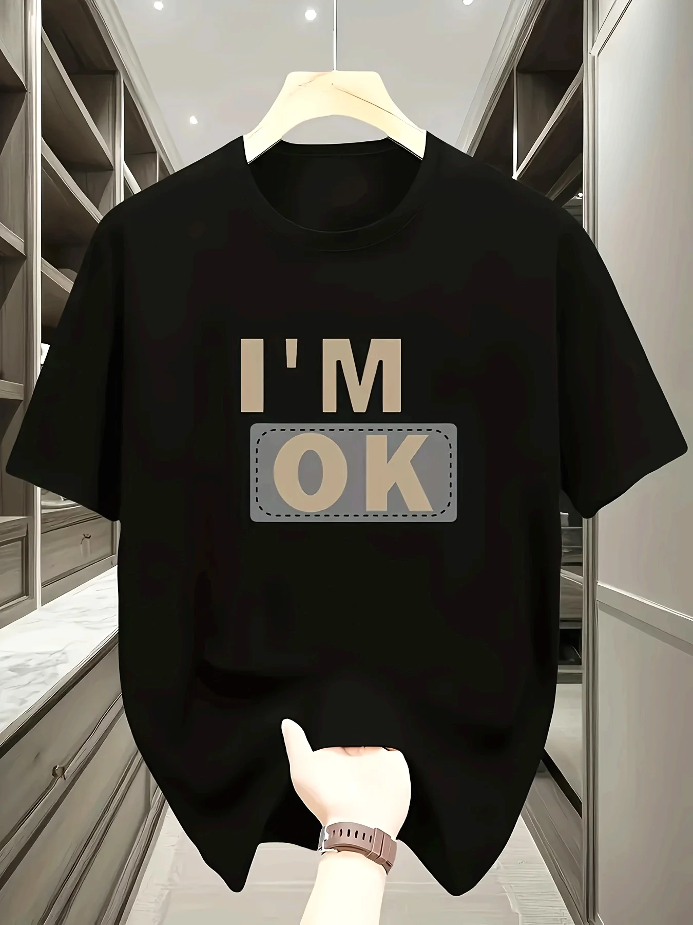 Camiseta gráfica casual para hombre - Estampado "I'M OK", 100% poliéster, cuello redondo, camiseta liviana de verano para atuendo casual
