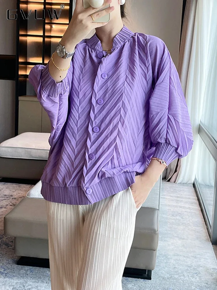 

GVUW Pleated Stand Collar Jackets Women Full Batwing Sleeve Single Breasted Solid Color New 2024 Versatile Clothing 17G8134