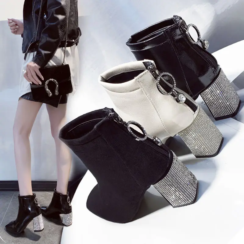 Square Toe Short Boots Woman 2023 Fall/Winter Shoes Women High Heeled Boots Rhinestone Chunky Heel Female Booties Large Size