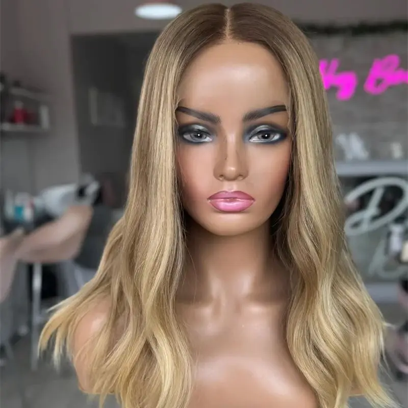 Ombre Blonde Brown Highlight Synthetic Lace Front Wig with Dark Roots Heat Resistant Curly Wavy Wig Natural Preplucked Hairline