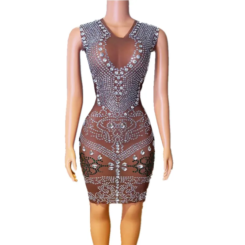 

Bar Singer Host Sexy Transparent Mesh Rhinestones Bodycon Short Dress Women Birthday Prom Celebrate Evening Party Dance Costume