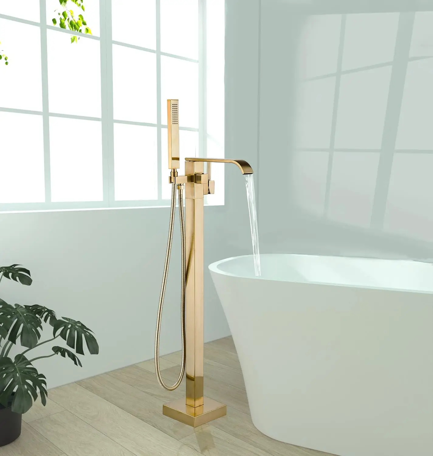 

Floor Mount Bathtub Faucet Brushed Gold Waterfall Tub Filler with Hand Shower Solid Brass 360 Swivel