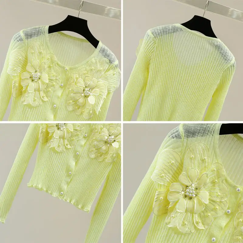 Embroidered Ice Silk Summer Flares Women\'s 2024 New Spliced Button Flower Fashion Solid Color All-match Long Sleeve Knitted Top