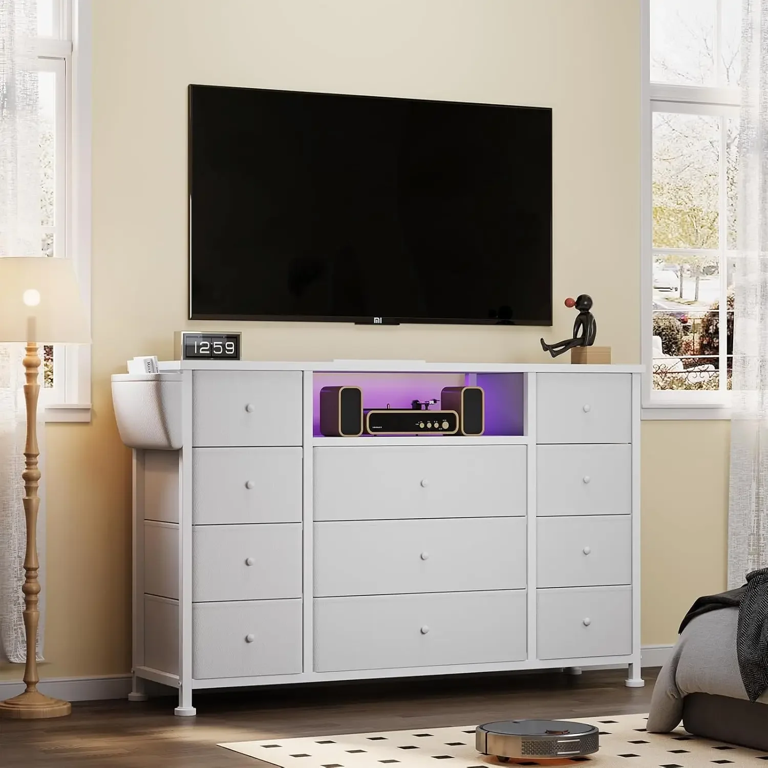 Nordic Nordic luxury Minimalist White Dresser With Led Lights And Power Outlets, With 11 Drawers and Chests For Bedroom