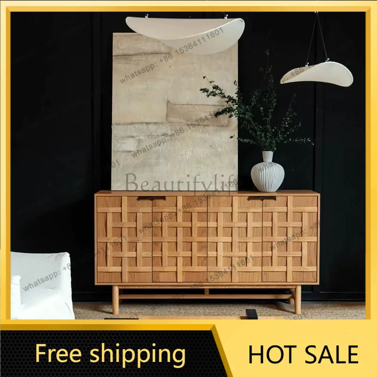 Zj. American‑Style Solid Wood Side Cabinet Retro Wall‑mounted Integrated Storage Locker for Living Room Dining Home Furniture