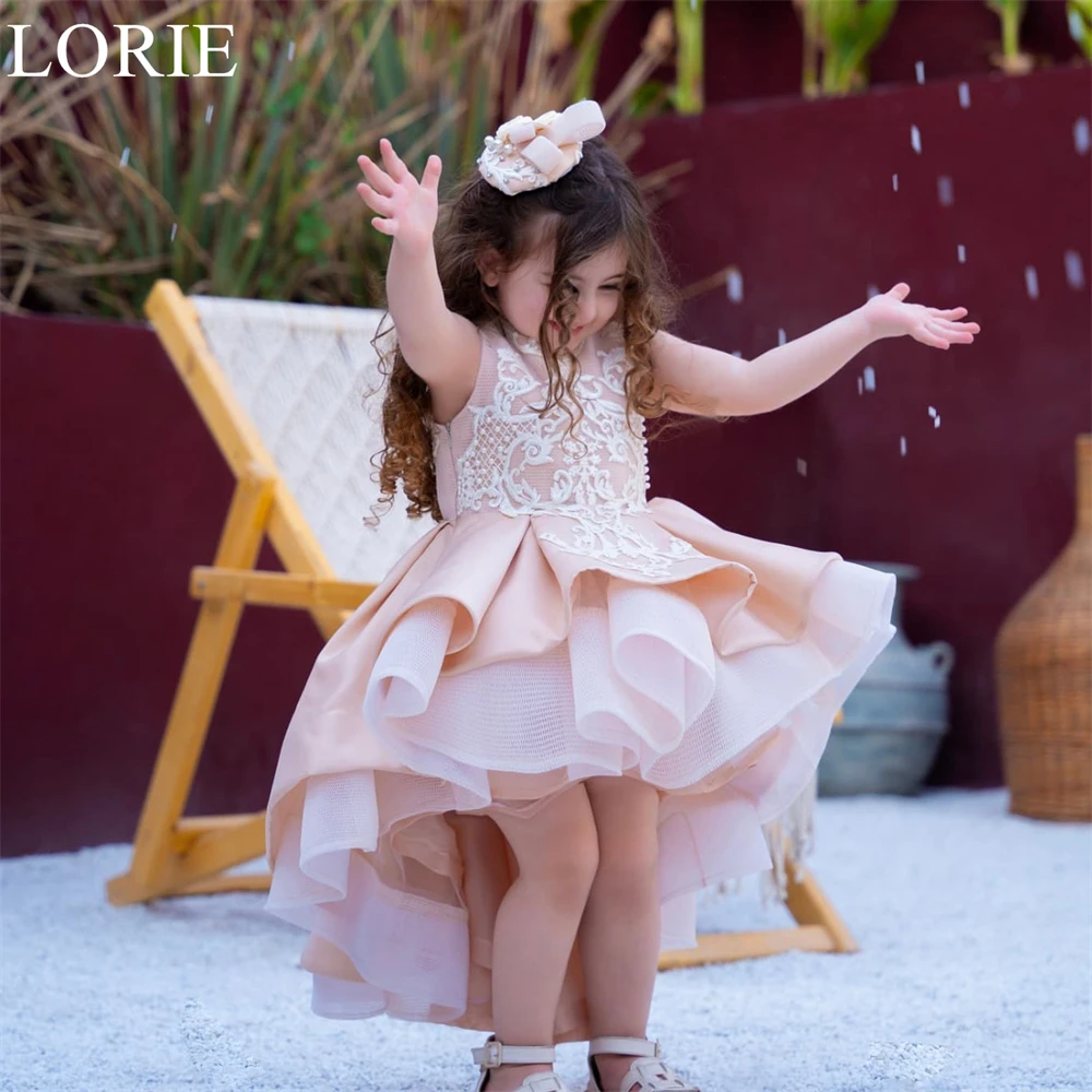 LORIE Cute Nude Pink Lace Flower Girl Dresses A-Line High Neck Ruffles Pleated Tiered Sleeveless Birthday Party Dress Customized