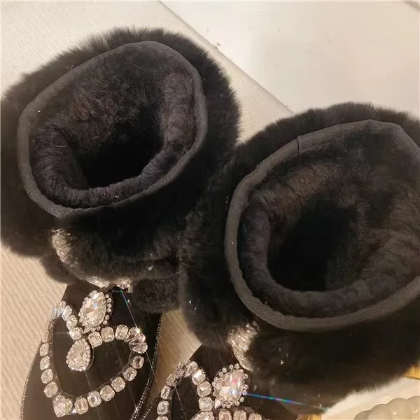 Super Bling Rhinestone Heart Beading Cow suede Snow Boots Crystal Thick Sole Slip On Warm Winter Fur Booties Woman