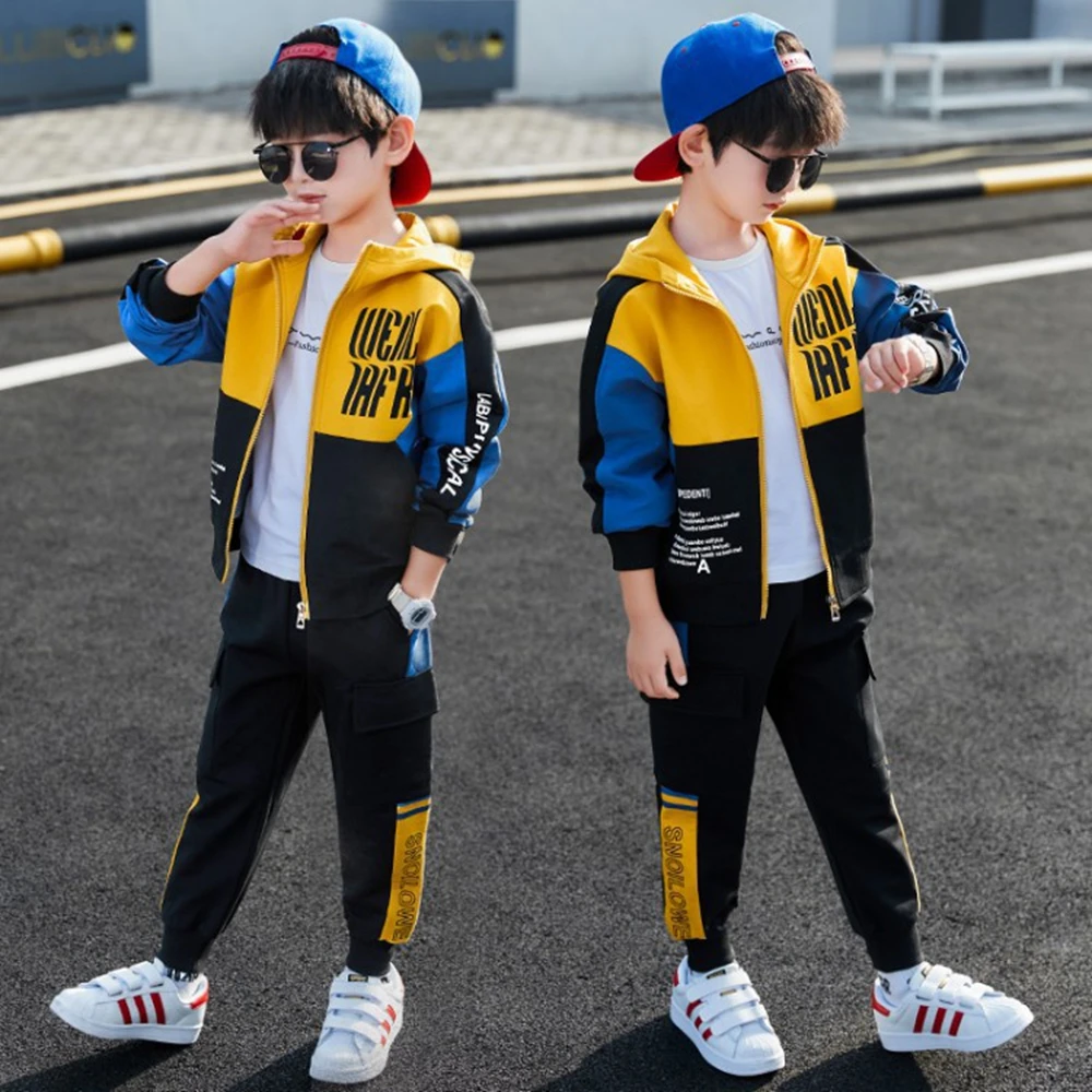 

Spring Winter Boys Teenager Kids Tracksuit Hooded Jacket Zipper Splicing Striped Pants Set for Ages 8-12 Year