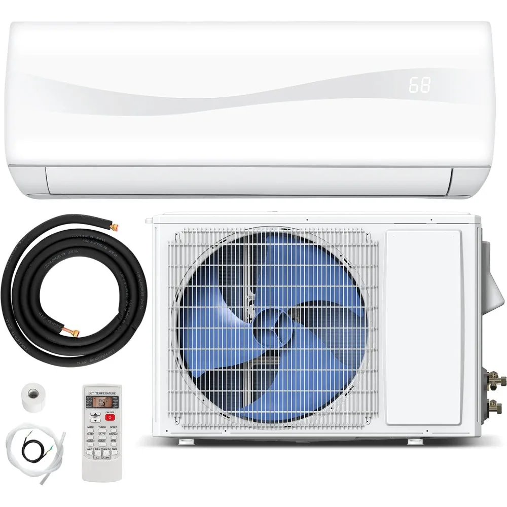 مكيف وسخان هواء سبليت صغير 12000 وحدة حرارية بريطانية، 17 SEER2 208-230 فولت نظام مضخة حرارية عاكس مشحونة مسبقًا، وحدة تيار متردد بدون أنابيب مثبتة على الحائط