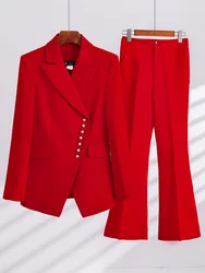 Blazer e calças de manga comprida para mulheres, calça formal, conjunto de duas peças para senhoras, vermelho e preto, roupa de negócios e trabalho feminina, outono e inverno